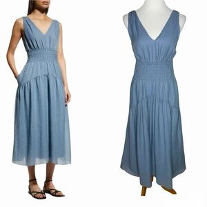 Vince Sleeveless V-Neck Smocked Midi Dress Size XS Lake Blue Tencel Blend